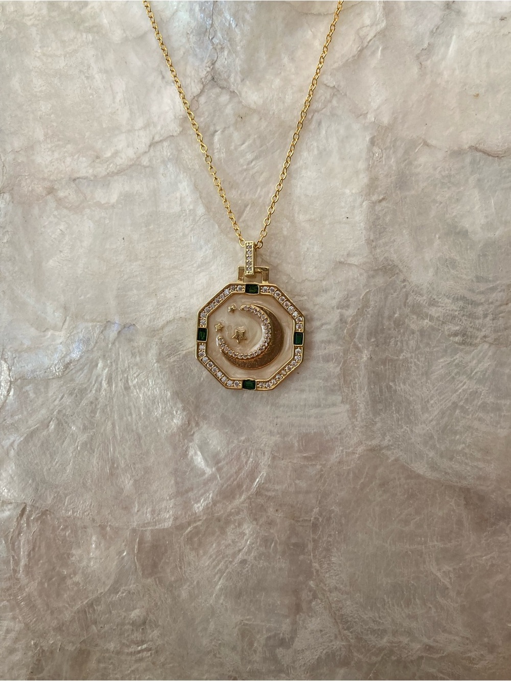 Gold Moon & Star Pendant Necklace with Green Accents - Women's Jewelry